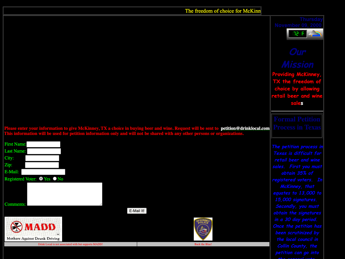 DrinkLocal.com petition site, December 2000 — McKinney, TX beer and wine legalization campaign