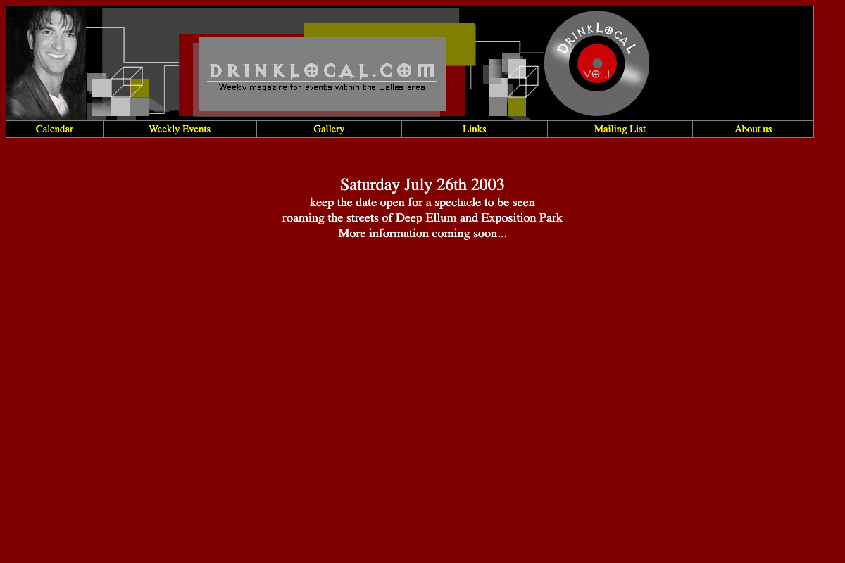 DrinkLocal.com homepage header, 2003 — Dallas Nightlife Weekly with custom logo and vinyl record graphic